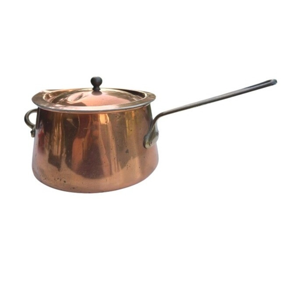 Vintage Copper Saucepan Lid Brass Handle Riveted‎ Tin Lined Pot 7" Farmhouse